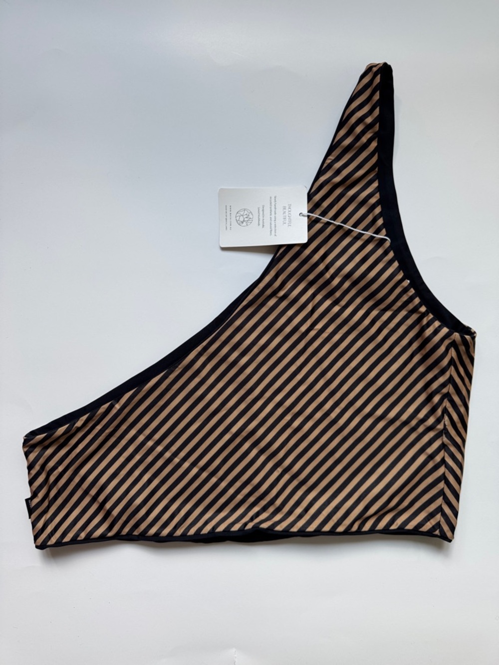 One-Shoulder Striped Bikini Top in Tan and Black
